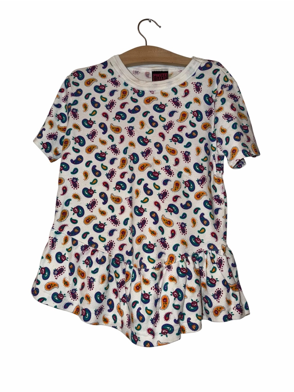 Vintage Freeze Frame girls white paisley ruffle peplum top sz sm 7-8 y2K 90s